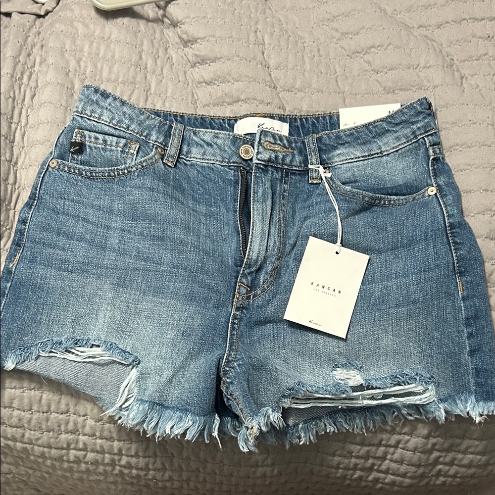 KanCan Light Blue Distressed Denim Shorts with Frayed Hem